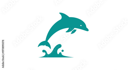 Teal dolphin jumping out water.