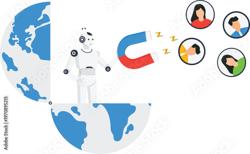 White robot artificial intelligence global marketing customer acquisition lead generation user attraction digital strategy data automation technology concept business solution worldwide reach