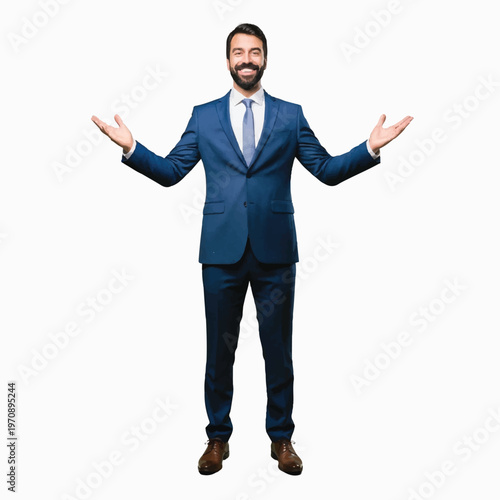 Confident man in a blue suit extends welcoming gesture with open arms in a studio portrait.