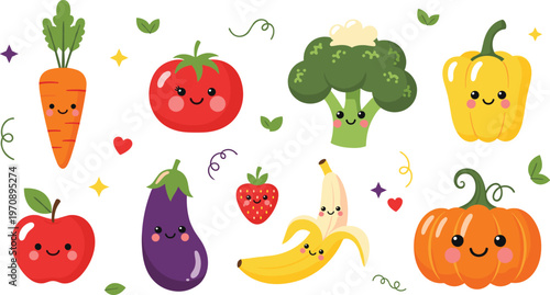 Cute Kawaii Fruits and Vegetables Illustration Set Featuring Carrot, Tomato, Banana, Pumpkin, and More for Kids' Designs