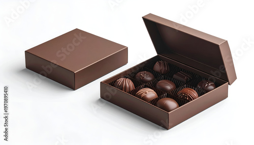 A brown gift box, opened to reveal assorted chocolates against a white background