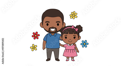 Happy African American Father and Daughter Vector Illustration, Cute Cartoon Style, Diverse Family Love and Parenthood Concept