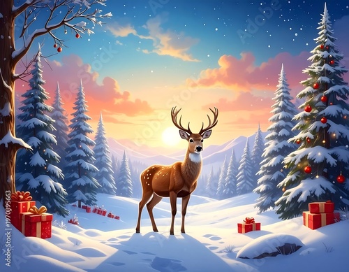 A majestic reindeer stands in a snow-covered forest with a decorated Christmas tree and presents. A beautiful sunrise bathes the scene