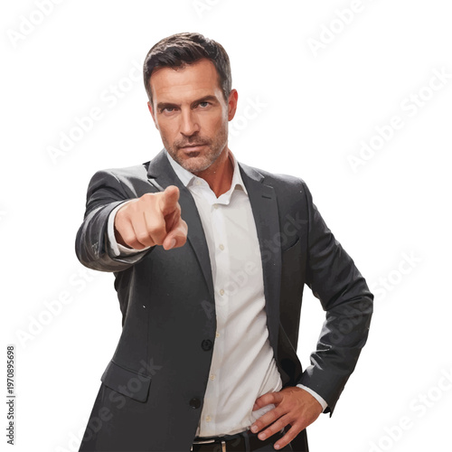 Confident business professional in a tailored suit points directly at the camera.