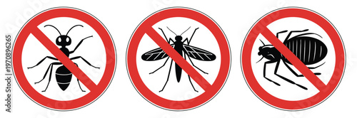 Household pest prohibition icons illustration, ticks termites mosquitoes fleas and flies symbols for hygiene safety and insect prevention signage.