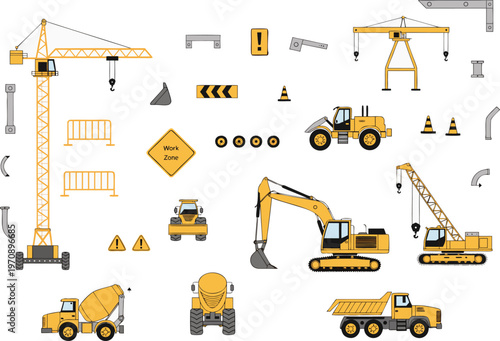 Creative Construction Scene with Equipment Workers and Structural Elements in Clean Layout Design. Industrial Development Concept for Architecture, Engineering and Building Themes.