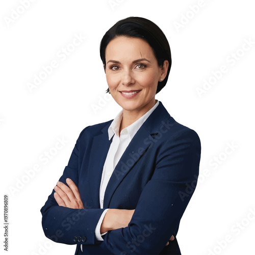Confident businesswoman in navy blazer posing with arms crossed for corporate portrait.