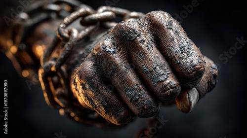 A clenched fist, dirty and aged, bound by rusty chains against a dark background