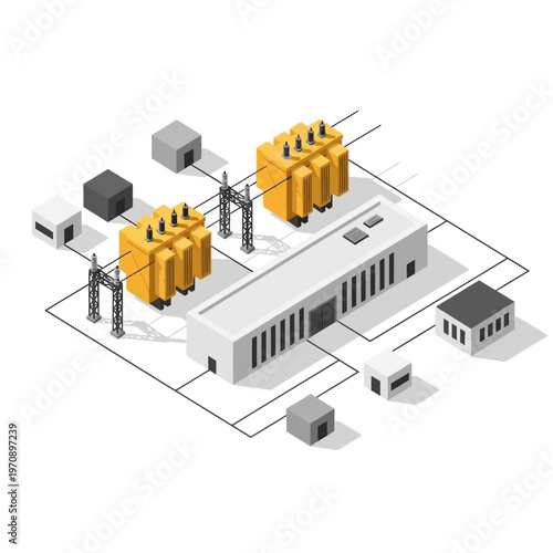 Isometric illustration of an industrial power substation with electrical equipment and buildings