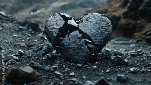 A cracked, dark heart-shaped object rests amid grey, rocky terrain, evoking emotional fragility