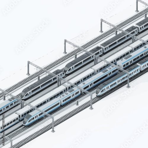 Modern High-Speed Trains Lined Up on Tracks Ready for Travel
