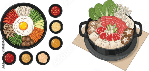 Korean Cuisine Set Featuring Bibimbap Bowl with Vegetables Fried Egg and Hot Pot with Beef Mushrooms Tofu Traditional Food Vector Illustration