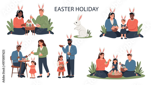 Diverse families and children celebrating easter holiday by painting eggs and playing with a rabbit in a park.