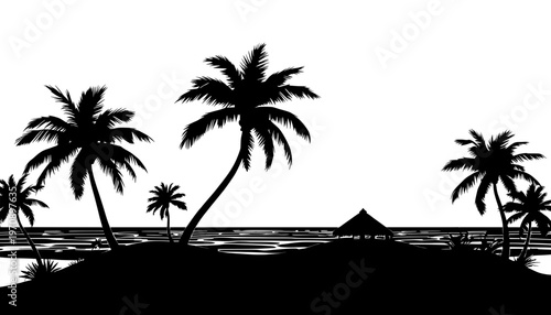 Tropical beach silhouette with palm trees calm ocean waves and distant hut minimalist coastal landscape serene and peaceful scene