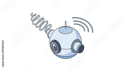 Futuristic spherical robot or security camera drone with an antenna and signal waves in a simple flat style.