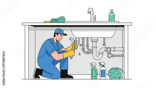 Professional plumber in uniform working under a kitchen sink with a wrench to fix a pipe leak in a house.