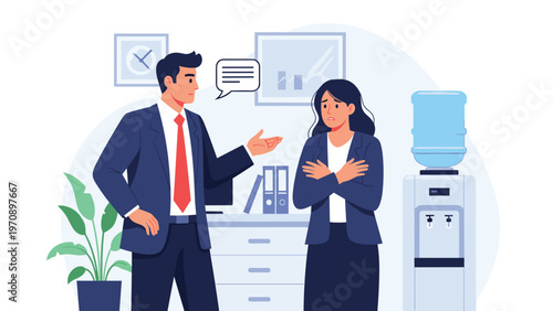 Angry male boss in formal suit scolding a stressed female employee standing near the office water cooler during work hours.