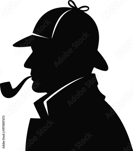Detective silhouette with pipe and hat, classic investigator profile inspired by Sherlock Holmes, mystery crime solving concept isolated on white background for retro design