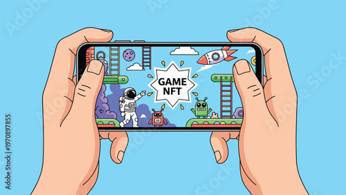 Close-up of hands holding a smartphone displaying a vibrant NFT game world featuring astronauts and robots on a distant planet.