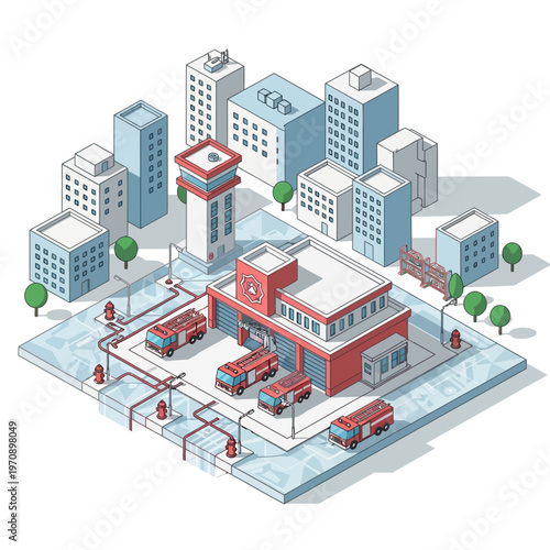 Isometric view of a modern fire station with trucks and surrounding cityscape