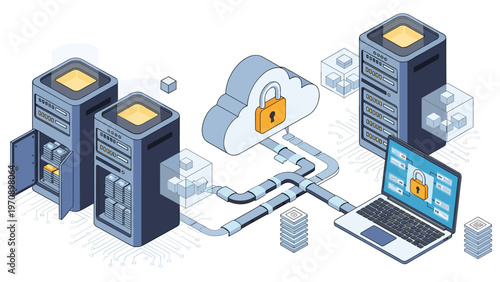 Isometric illustration of a digital NFT marketplace with a person interacting with virtual assets and large golden crypto coins.