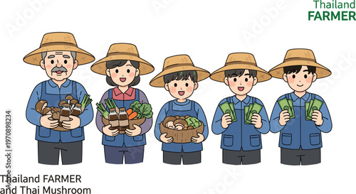Thailand Farmer Characters Holding Fresh Vegetables and Mushrooms in Traditional Farming Outfit Asian Agriculture Cartoon Vector Illustration Set