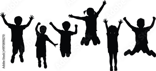 Children jumping silhouettes collection showing happy kids playing, joyful childhood activity, energetic movement concept isolated on white background for fun, education, and lifestyle design