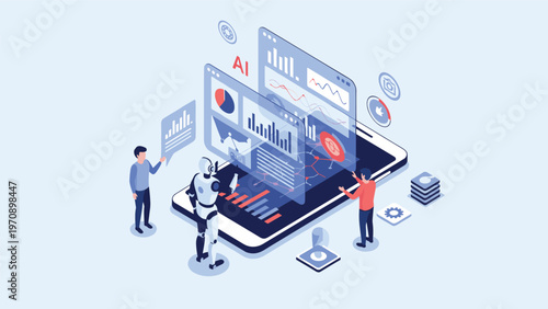 Isometric view of a data analytics platform being used by professionals and an ai robot on a large mobile device screen.