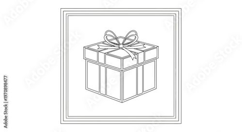 Gift box with ribbon and bow, line art, isolated on white background, celebration, surprise, present