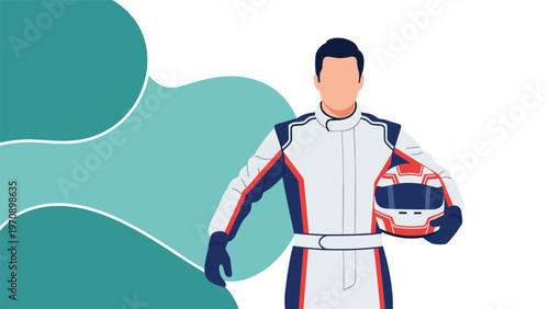 Professional race car driver in a white and blue racing suit stands confidently while holding a protective helmet.