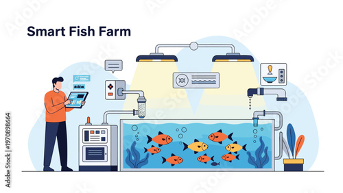 Smart fish farm technician uses a digital tablet to monitor various orange fish swimming inside a modern aquarium.