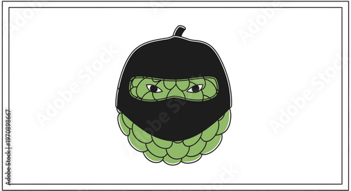 Green Hop Cone Ninja Masked, Craft Beer Ingredient, Stealthy Brewing Concept