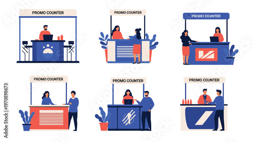 Diverse set of people work behind various promotional counters while engaging with customers in a retail setting.