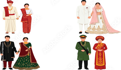 Traditional Wedding Couples from Different Cultures Wearing Ethnic Attire Indian Vietnamese and Western Bride Groom Cartoon Vector Illustration Set
