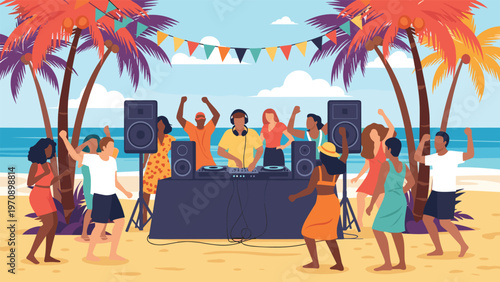 Lively beach party scene features a dj playing music on a deck while a group of people dances under palm trees.