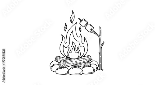 Burning Campfire with Logs and Stones.