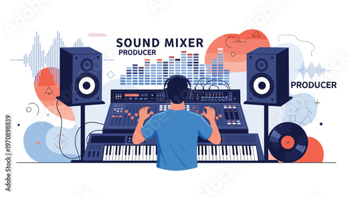 Professional music producer works at a sound mixer console in a studio with large speakers and digital audio waves.