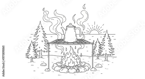 Campfire with kettle on firewood outdoors.