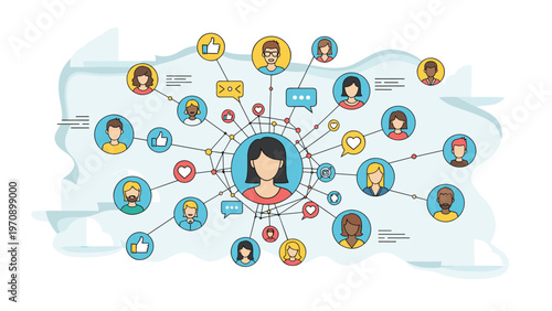 Social network map concept shows a central female user connected to a wide variety of diverse people through digital links.