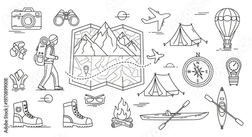 Camping gear and outdoor adventure icons.