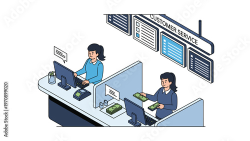 Professional customer service representatives working at a modern service counter with computers and cash handling in an office.