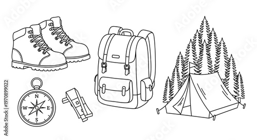 Camping gear and equipment illustration set.