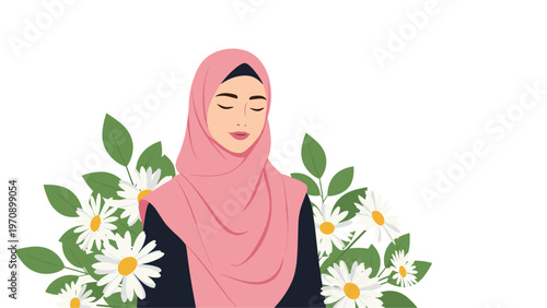 Serene portrait of a beautiful woman wearing a pink hijab with her eyes closed, surrounded by a lush arrangement of white daisies.