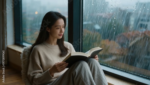 Cozy reading moment by the window on a rainy day in the city