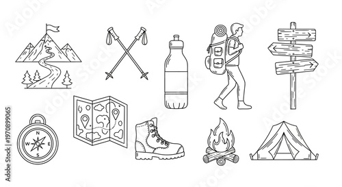 Camping gear and outdoor adventure icons.
