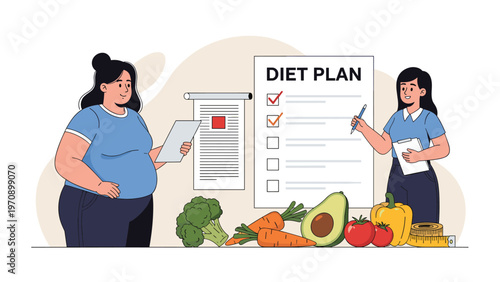 Overweight woman discussing a personalized healthy diet plan with a professional nutritionist surrounded by fresh vegetables and tools.