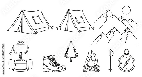 Camping gear and outdoor adventure icons.