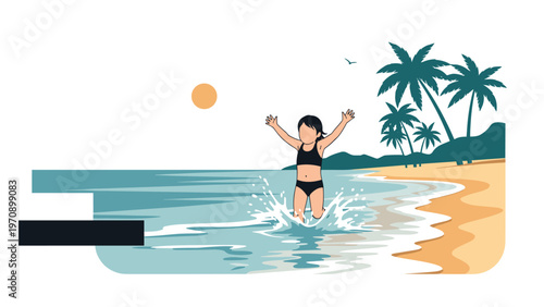 Happy young girl jumping into the ocean waves at a beautiful tropical beach with palm trees and a setting sun in the background.