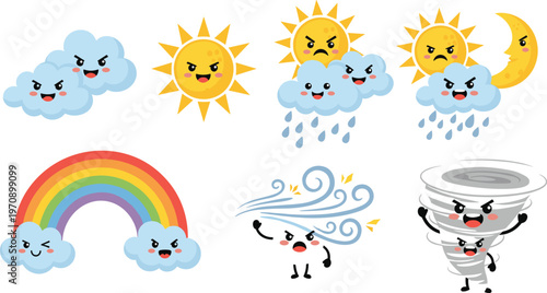 Cute kawaii weather character icons set with angry sun clouds rainbow and tornado mascots for children stickers and educational designs