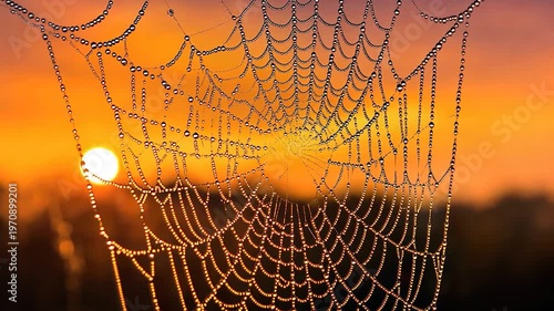Dew-kissed spiderweb at sunrise